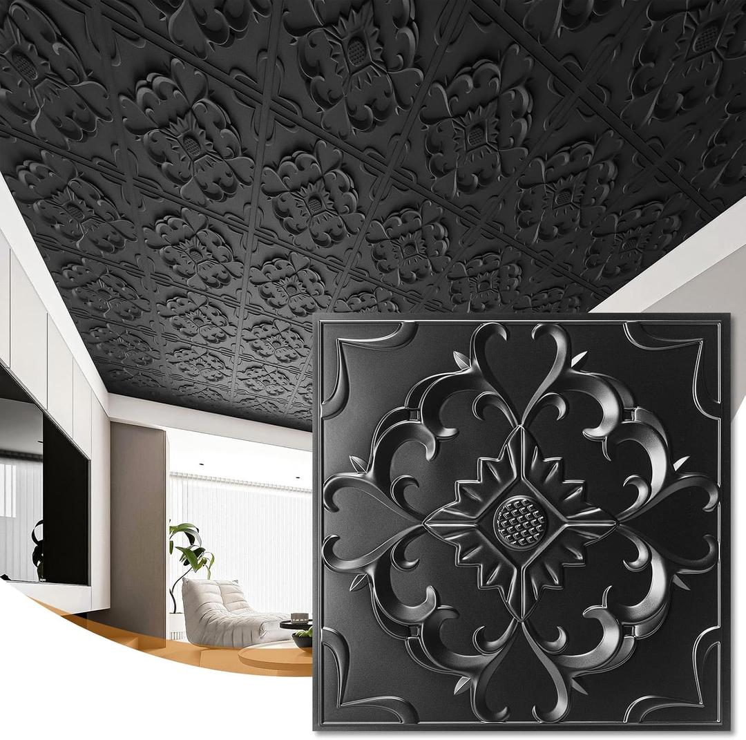 WOWSTAR 24-Pack 24"x24" Drop Ceiling Tiles, Vintage Waterproof Glue up Ceiling Panels, Black