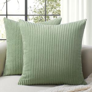 Softalker Throw Pillow Covers 18x18, Set of 2 Decorative Soft Corduroy Striped Boho Spring Pillow Cover, Modern Cushion Covers for Farmhouse Home Decor Couch Sofa Bed Living Room, Sage Green