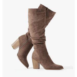 Putu Women's Pointed Toe Knee High Boots Faux Suede Slouch Boots with Chunky Heel 11