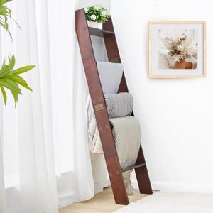 XUNIQUE 5-Tier Blanket Ladder for The Living Room, 4.8 FT Anti-Slip Decorative Ladder Shelf Leaning Quilt Rack, Lightweight, Easy Assemble, Wooden Blanket Rack (Brown)