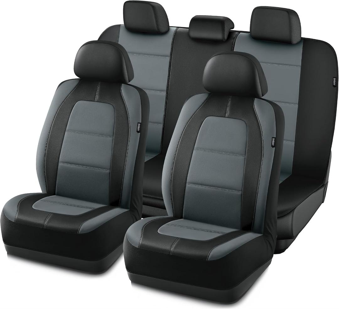 Road Comforts Car Seat Cover, Leather Car Seat Cover Full Set, Automotive Seat Covers, Airbag Compatible Universal Fit for Most Cars (Gray)
