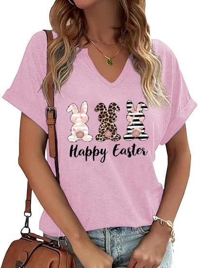 Ovazly Easter V Neck Shirts for Women Happy Easter Bunny with Glasses Blouse Casual Graphic Spring Colorful Tops Tee (Medium)