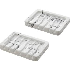 INIUNIK 2PCS Self Draining Soap Dish - Marble Look Soap Holder Tray Savers Box Container Sponge Holder for Bathroom Shower Kitchen, White