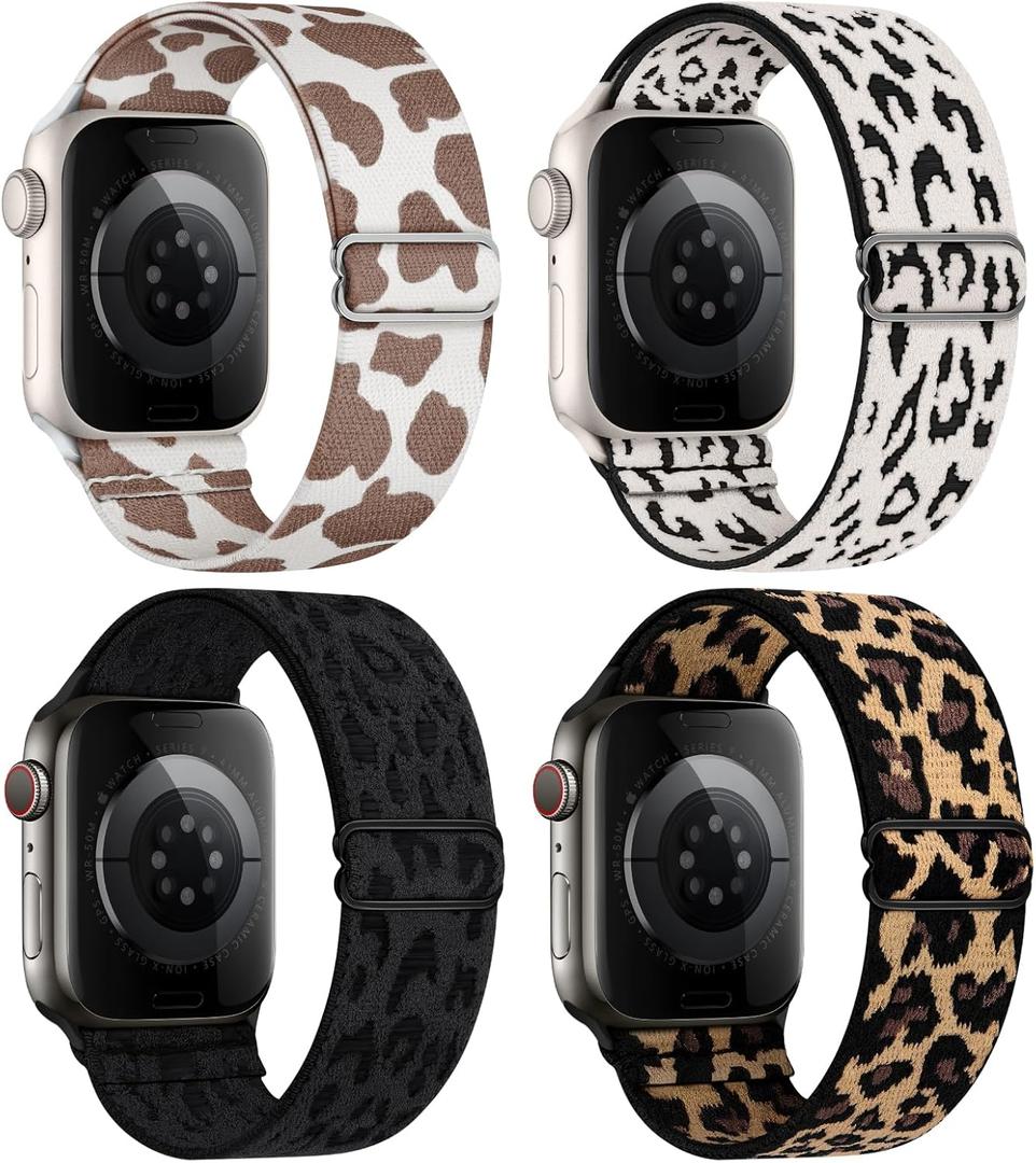 4 Pack Stretchy Solo Loop Compatible with Apple Watch Bands 38mm/40mm/41mm/42mm Women Men, Sport Nylon Elastic Straps Wristbands for iWatch Series 11/10 (StarlightLeopard/YellowLeopard/BlackLeopard/PinkLeopard)