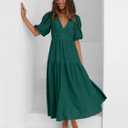 Women's Summer Deep V Neck Puff Short Sleeve Tiered Maxi Dress Flowy A Line Long Dresses (Green, L)