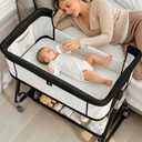 Baby Bassinets Bedside Sleeper with Wheels and Mattress, Cosleeping Baby Bed with Storage, Co-Sleeper Bassinet Attach to Bed, Bed Side Crib with Breathable Mesh, Height Adjustable (Black), 35.4‘’L*21.7''W*28''-32.7''H