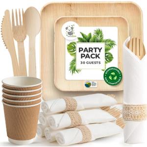 Palm Leaf Bamboo Plates & Pre-Rolled Bamboo Cutlery Party Set - 10 & 7'' Compostable Plates Elegant Pre-Rolled Utensils, Napkins , Cups for Weddings, Events, and Special Occasions For 30 Guests
