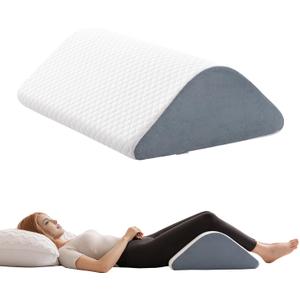 Knee Wedge Pillow 8'' for Post-Surgery Recovery - Leg Elevation Support for Sleep Position, Alleviating Lower Back & Hip Pain Enhancing Circulation in Ankles Legs Triangle Pillow with Removable Cover (23.6"L x 17.8"W x 8"H, White & Gray)