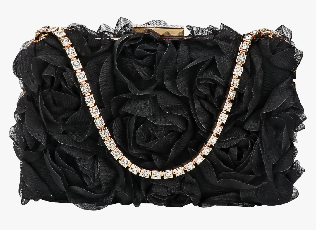 Womens 3D Rose Floral Clutch with Rhinestone Chain, Evening Handbag Purse Shoulder Crossbody Bag for Wedding Party Prom