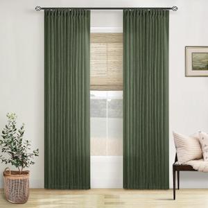TWODRAPES Olive Green Linen Pinch Pleated Curtains 84 Inches Long 2 Panels for Living Room Bedroom Linen Pleated Hooks Rings Back Tab Light Filtering Loden Moss Green Farmhouse Drapes 84 Inch Length