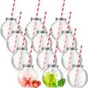 Yaomiao 12 Packs 16 oz Plastic Fish Bowl Ornament Cups with Straw for Drinks Plastic Candy Jar Potion Bottles with Aluminum Hole Lids Clear Spherical Bowls Bulb Cups for Carnival Games