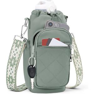 Water Bottle Carrier Bag with Strap, Water Bottle Purse with Phone Pocket 40oz for Walking Hiking (Antique Green)