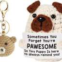 Mini Funny Pug Emotional Support Crochet Positive Doll Cute Dog Animal Gift with Inspirational Card and Bee Ornament Pendants (Dog Crochet and Bear Pendant)