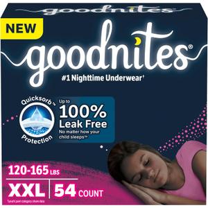 Goodnites Girls' Nighttime Underwear, Size XXL (120-165 lbs), 54 Ct (3 pack of 18), Packaging May Vary