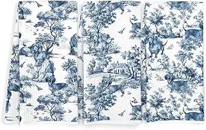 Blue and White Chinoiserie Dachshund Kitchen Towels, French Country Toile de Jouy Weiner Dog Dish Tea Towels, Dachshund Lover Gifts Decorative Hand Towel for Bathroom, 16x24 Inch Set of 3