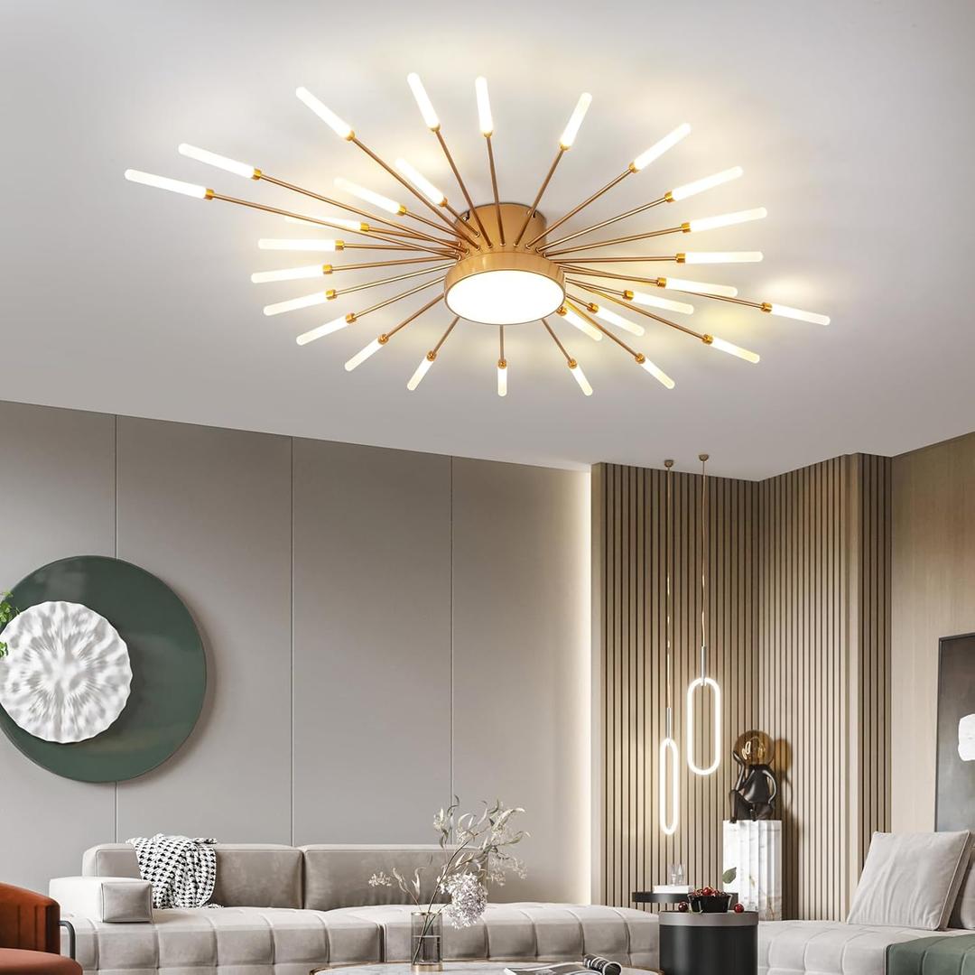 JAYMP 41.3" Ceiling Light Modern Flower Shape Ceiling Lamp for Living Room Dining Room Flush Mount Metal Acrylic Sputnik Firework Petal LED Lighting Fixture (Matte Gold, 28+1 Lights)