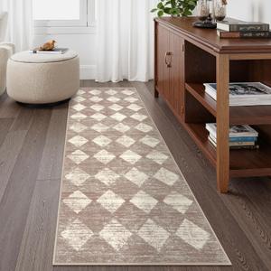 Lahome Zelie Moroccan Treills Runner Rug, 2x6 Beige Washable Rug Runner Carpet Runners for Hallway 6ft Non Skid, Checkered Kitchen Bathroom Non Skid Runners for Bedroom Hallway Entryway