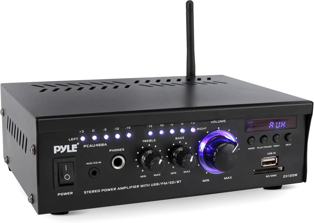 Pyle Bluetooth Computer Speaker Amplifier - 2x120 Watt Home Stereo Power Amplifier Home Audio Receiver System W/Blue Led Display, USB/SD, AUX, RCA, Headphone Jack - Remote - PCAU46BA.5