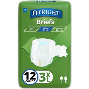 FitRight Bariatric Adult Diapers, Ultra Heavy Absorbency, 3XL (Waist Size 65in-84in), 12 Count, Disposable Incontinence Briefs for Men and Women, Moisture-Wicking, Leak Protection,