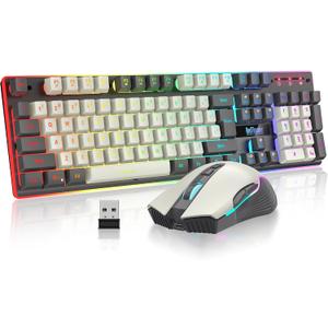 RedThunder K10 Pro Wireless Gaming Keyboard and Mouse Combo, RGB Backlit Rechargeable 3800mAh Battery, Mechanical Feel Anti-ghosting Keyboard + 7D 3200DPI Mice for PC Gamer(White Gray)