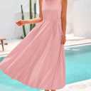 BTFBM 2025 Women Summer Vacation Dresses Sleeveless Crewneck Loose Beach Sundress Bubble Hem Tank Maxi Dress Pockets (Pink, S)