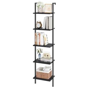 ELYKEN Ladder Shelf, 5-Tier Wood Wall Mounted Bookshelf with Metal Frame, Vintage Open Display Organizer Rack, Leaning Storage Shelves for Living Room, Bedroom, Home Office, Black