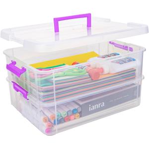 2 Layer Plastic Storage Containers with Lids, Multipurpose Clear Stack & Carry Box, Portable Craft Organizers and Storage Bin for Organizing Art & Craft, Sewing, Makeup, Nail Supplies (Purple)