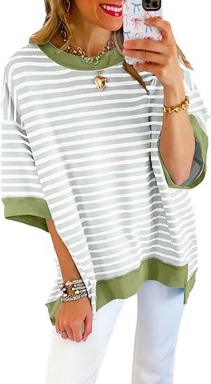 SHEWIN Shirts for Women 2026 Loose Short Sleeve Sweatshirt Cute Womens Summer Tops Dressy Casual Crewneck Color Block Tee Shirt Trendy Spring Outfits, Mist Green Stripe, XL