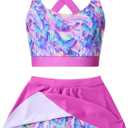 AIDEAONE Girls Swimsuit Two Piece Tankini Skirt Set with Boyshort Summer Beach Bathing Suit Size 6-14 (8-9 Years, C-pink Butterflies)