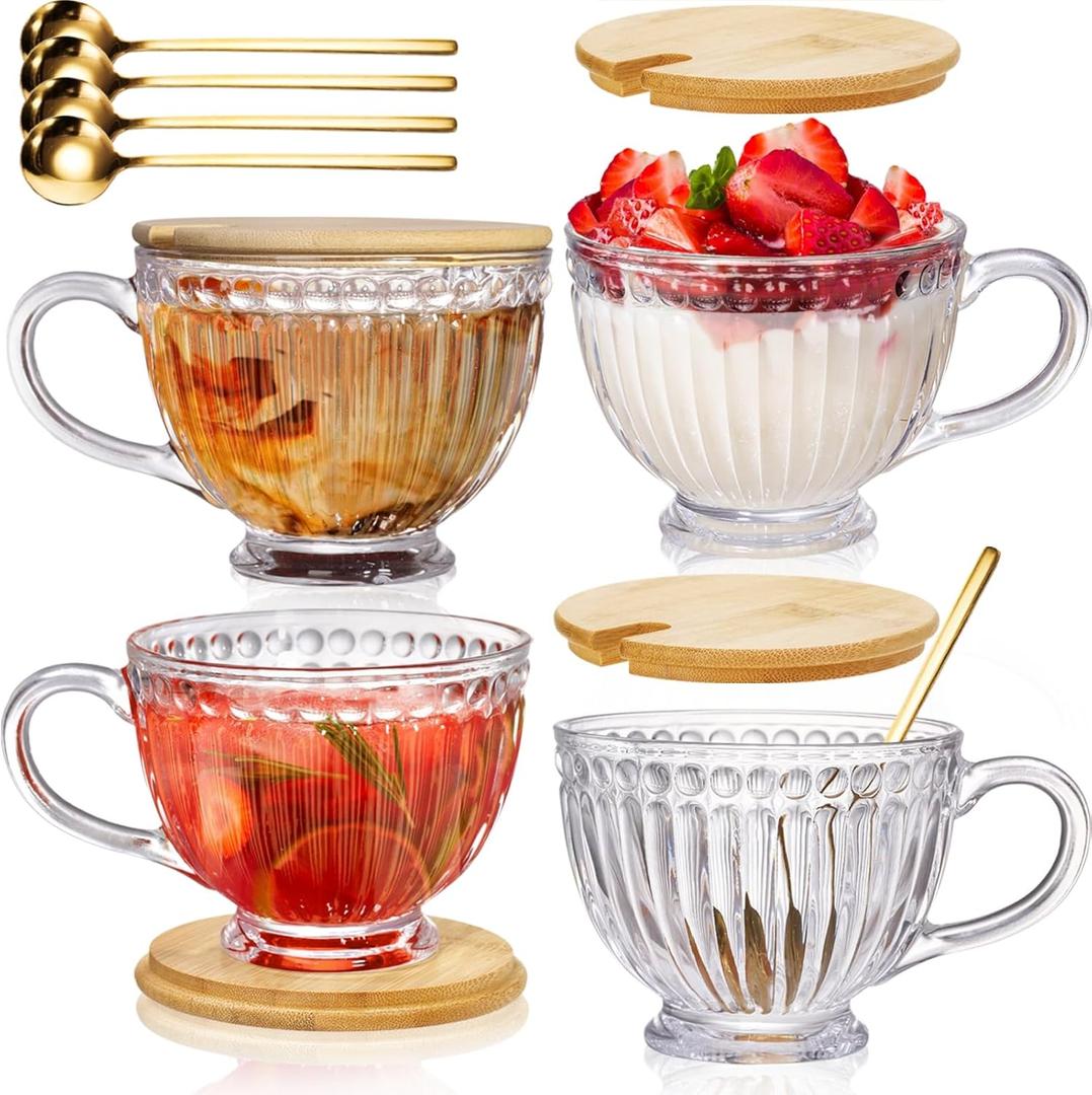 Cididu Large Glass Vintage Latte Mugs Set of 4, 12 Oz Ribbed Cups with Bamboo Lids and Spoons for Cappuccino, Tea, Hot and Cold Drinks, Embossed Breakfast Cup Gift for Coffee, Espresso, Juice, Milk
