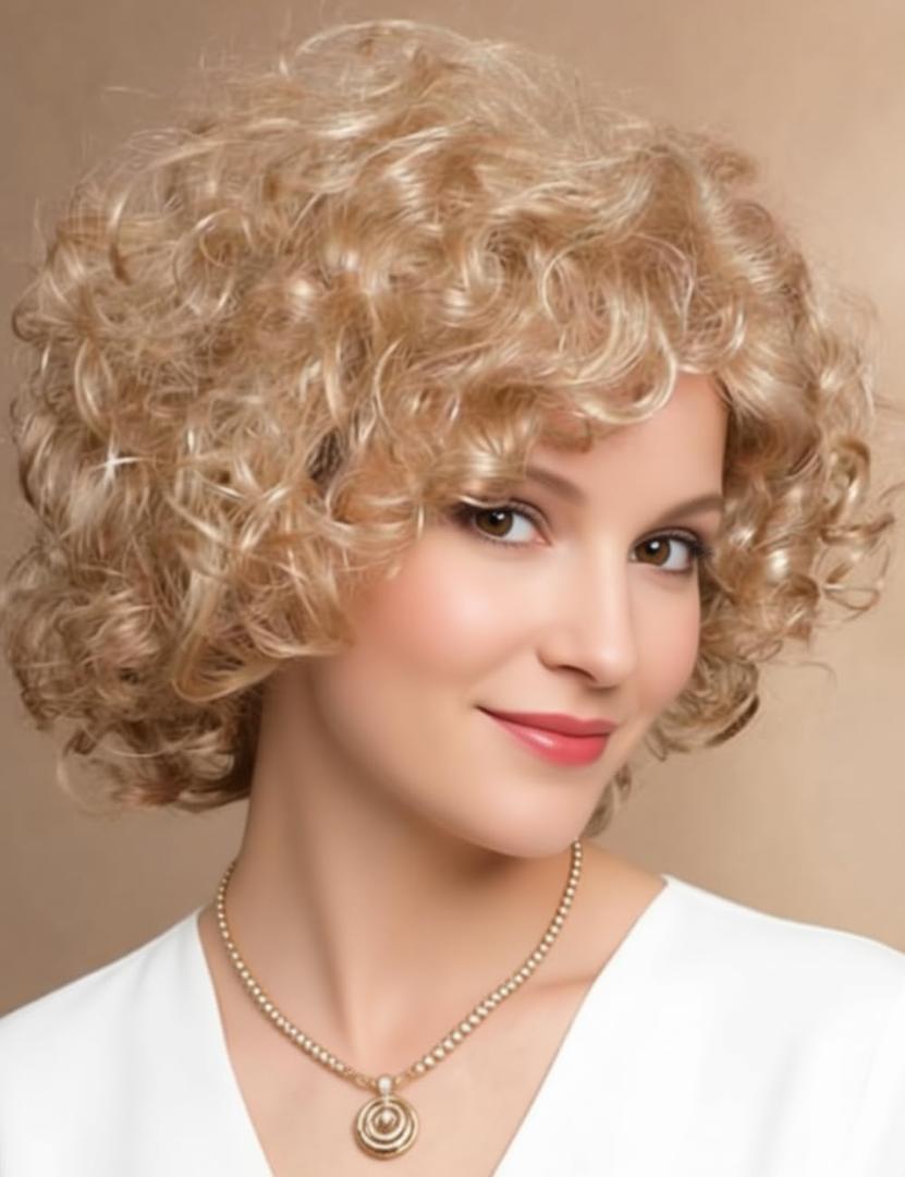 TISHINING Short Blonde Curly Wigs for White Women with Bangs Full Bouncy Curly Mixed Blonde Synthetic Short Hair Wigs for Women Natural Looking Heat Hair Replacemnet Wig
