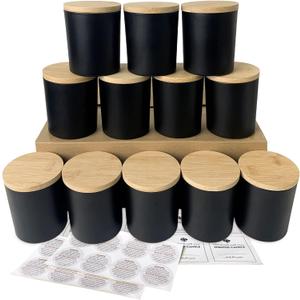 CONNOO 12 Pack 10 OZ Matte Black Glass Candle Jars for Making Candles with Airtight Bamboo Lids Nice Sticky Warning Labels for Candle Making Empty Container Bulk - Dishwasher Safe