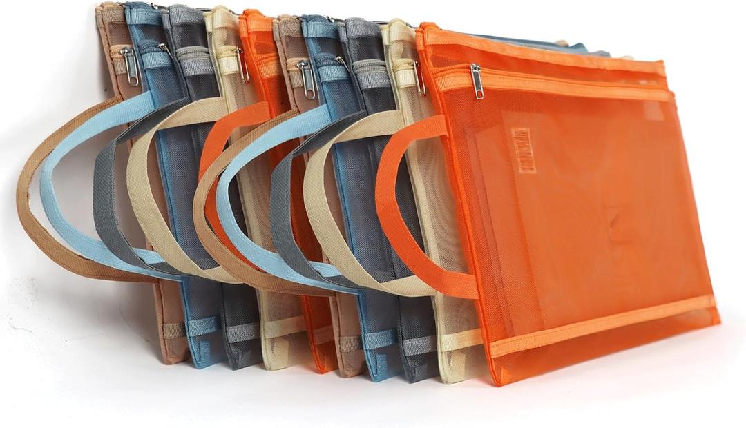 10 Pack Colored Mesh Zipper Pouch Bags with Handles, Double-Layer Nylon A4 Mesh Toy Storage Bags for Building Blocks, Puzzles & Toy Storage, Travel-Friendly Organizer for School, Office & Games