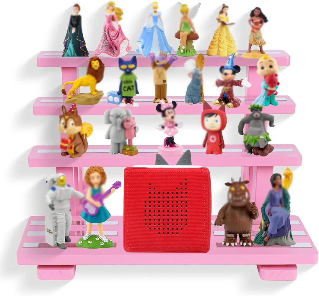 for Tonies Figures Shelf Magnetic, for Toniebox Characters Shelves, for Tonie Storage Rack Display Risers Stand, Holds 45 Figurines, Compatible Charging Station for Children Kid's Room, Pine Wood(Pink)