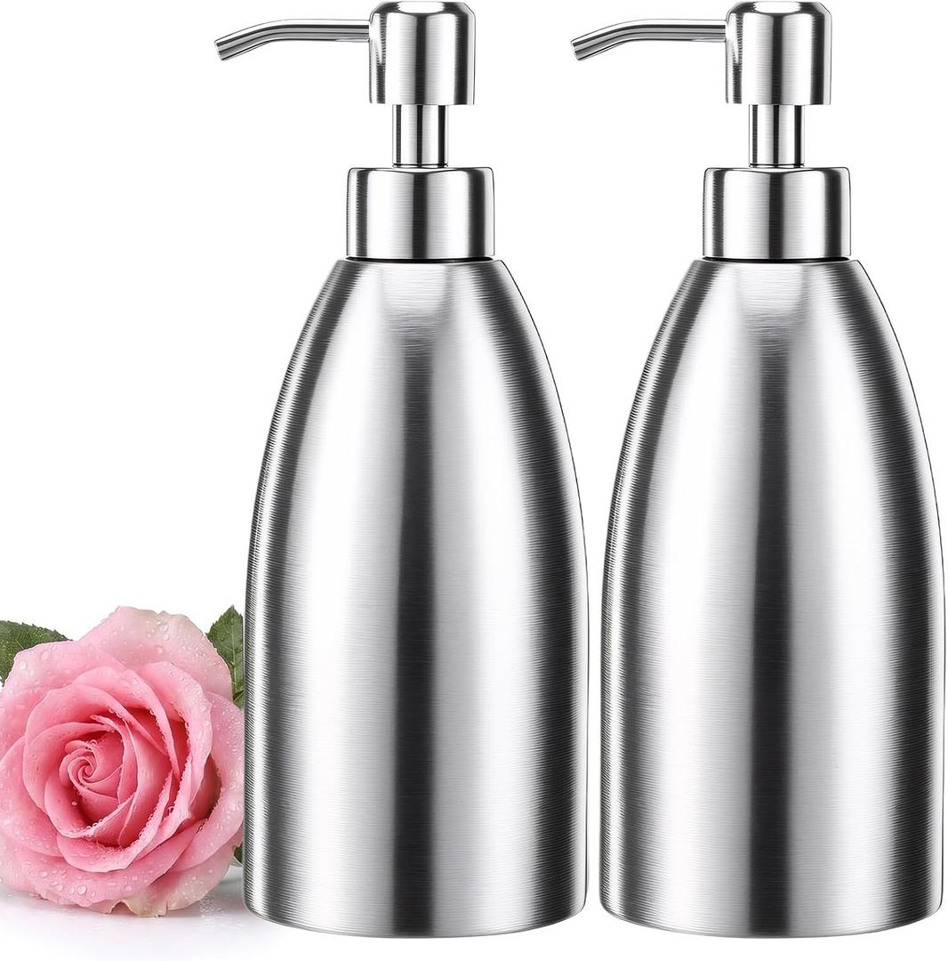 2 Pcs 16.9 Oz/500 ml Stainless Steel Soap Dispenser Dish Soap Dispenser for Kitchen Sink Rust Proof Leak Proof Pump Bottle for Bathroom Countertop Hand Lotion Shampoo Body Wash