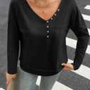 Tankaneo Womens V Neck Henley Shirts Casual Long Sleeve Flowy Tees Cute Loose Fit Tops with Pocket (Medium, Black)