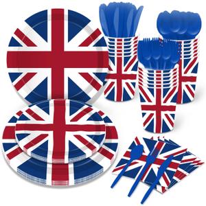 141 PCS British Flag Party Supplies Tableware Set Union Jack Party Supplies Union Jack Tableware Including Union Jack Paper Plates Dessert Plates Cups Napkins Disposable knives spoons straws,Serves 16