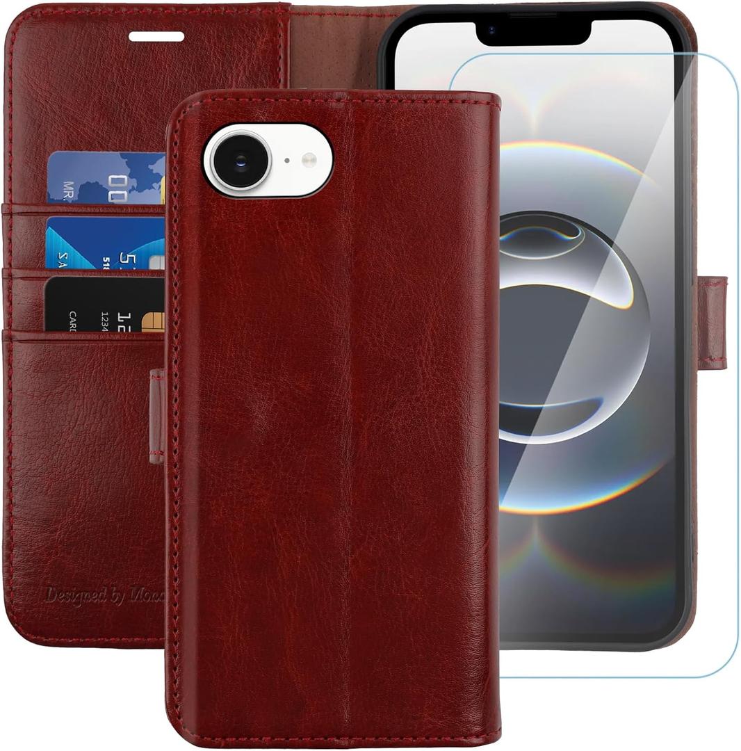 MONASAY Wallet Case Compatible for iPhone 16E 5G,6.1-inch, [Glass Screen Protector] Flip Folio Leather Cell Phone Cover with Credit Card Holder, Burgundy