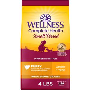 Wellness Complete Health Small Breed Puppy Dry Dog Food, Wholesome Grain Kibble, Natural, Turkey, Oatmeal, and Salmon Recipe, 4 lb Bag