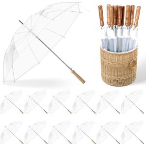 24 Pcs Wedding Umbrellas Bulk, 41 Inch Wedding Stick Umbrellas with Wooden Handle Large Canopy Windproof Rain for Bride Groom Bridal Shower Party Decor (Clear)