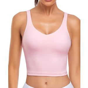 Oalka Sports Bra Womens Longline Padded Crop Tank Yoga Bras Workout Fitness Top (Large, Heart Pink)