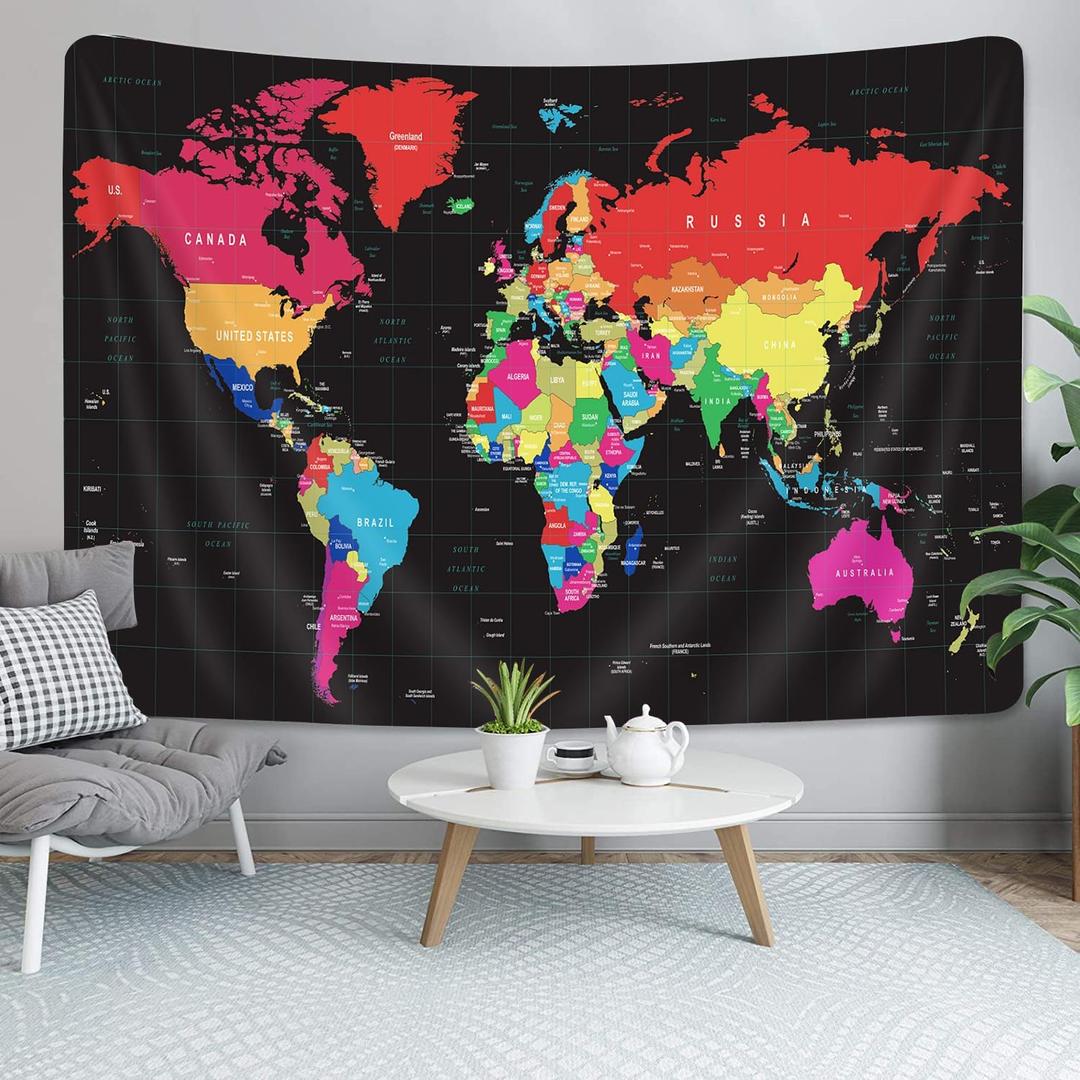 World Map Tapestry, Black Map of World Vintage Topography Educational Tapestries Posters for College Kids Student Dorm Wall Art, Colorful Geographical Travel Map for Bedroom Living Room, 60X50in (60L" x 50W")