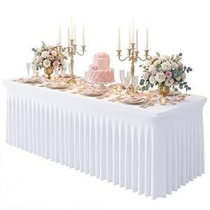 Baoszty White Spandex Tablecloth for 8FT Rectangle Tables, Table Skirt 30x96 Inch Stretch Table Cloths Elastic Fitted Tables Cover for Wedding Parties Birthday Banquet Baby Shower Events