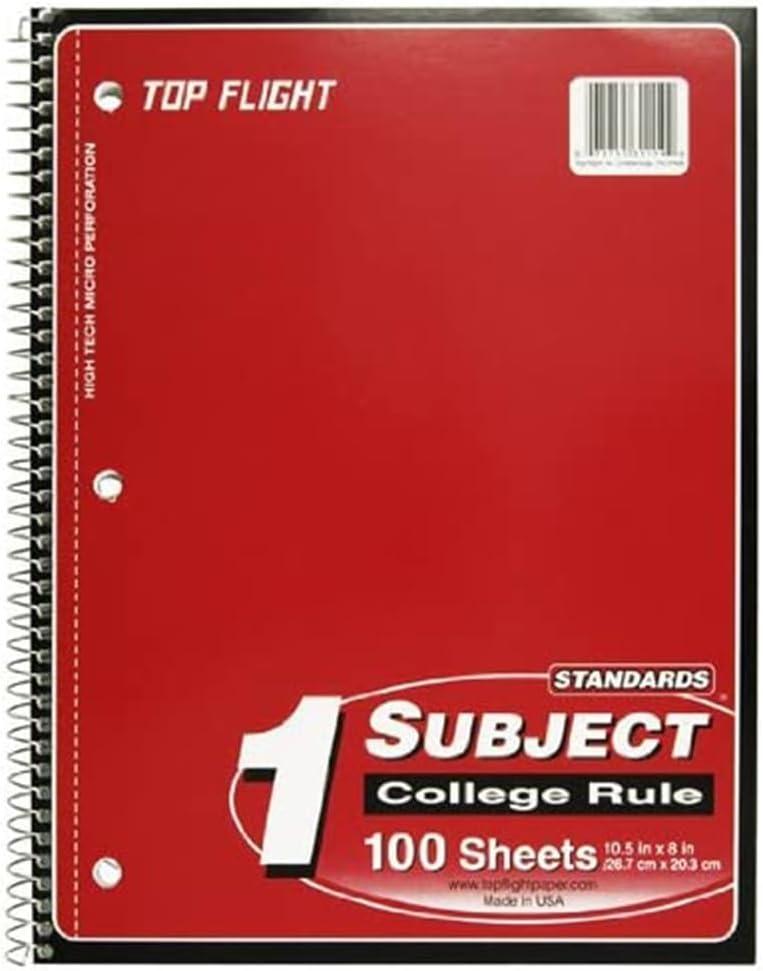 Top Flight Standards 1-Subject Wirebound Notebook, 100 Sheets, 3-Hole Punched, College Rule, 10.5 x 8 Inches, 1 Notebook, Color May Vary (31119)