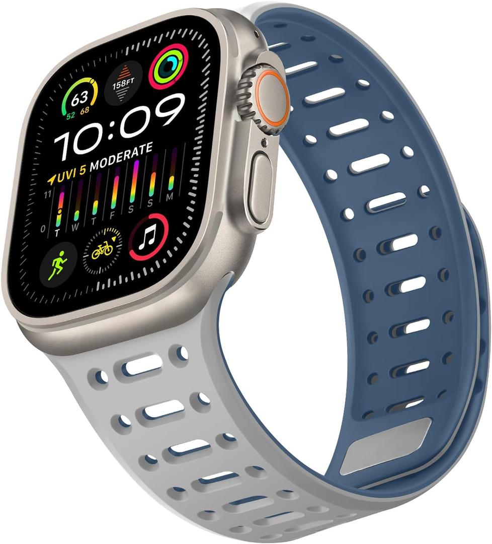 Compatible with Apple Watch Band 49mm 46mm 45mm 44mm 42mm 41mm 40mm 38mm, Magnetic Silicone Sport Breathable Strap for iWatch Ultra 3/2/1 SE3 Series 11 10 9 8 7-1 (49/46/45/44/42, Gray/Blue)