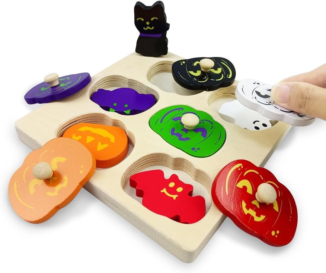 Halloween Pumpkin Wooden Pegged Puzzles Montessori Toys for Toddlers Kids Boys Girls Halloween Party Favors Treat Bags Gifts