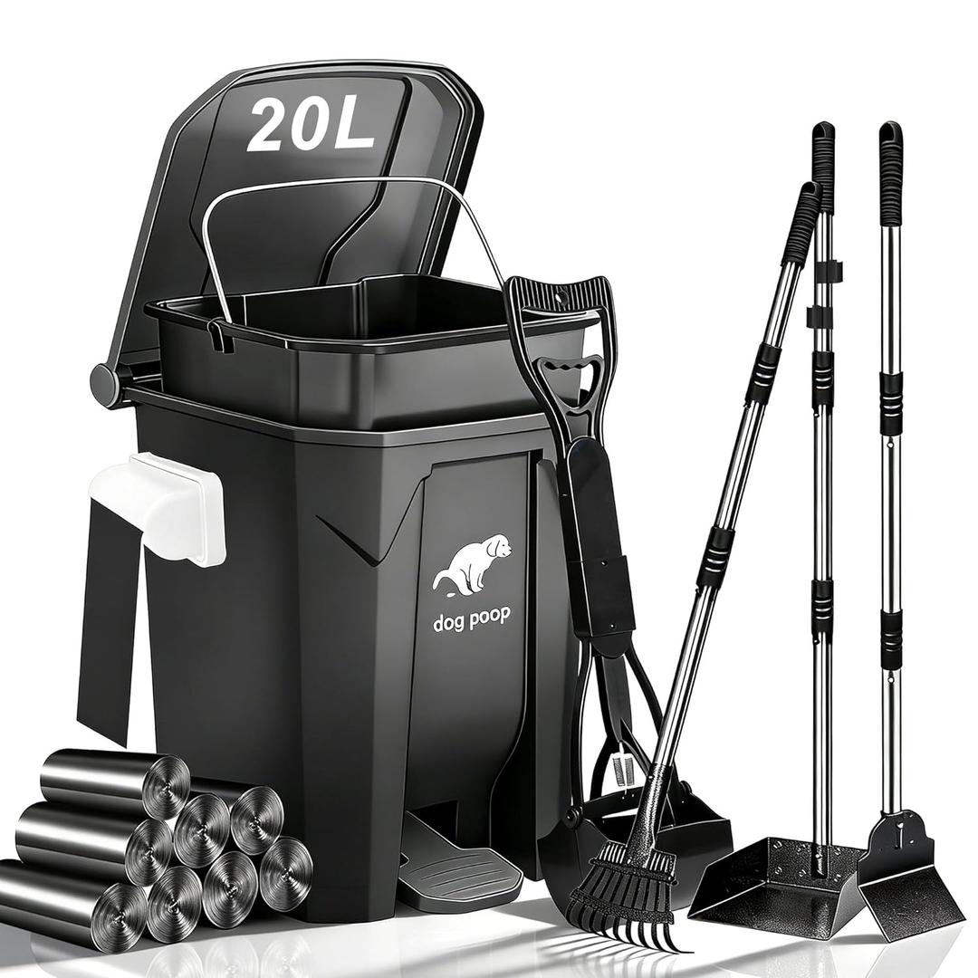 Dog Poop Trash Can Outside - 20L/5Gal Pooper Scooper Sets and Spade, Black | Outdoor Trash Can with Lid, Inner Bucket, Dog Poop Scooper Set, Metal Tray, Rake and Spade, 100 Trash Bags & Storage Box