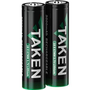 Taken 3.7V 18650 Rechargeable Batteries 3000mAh 2 Pack Lithium Battery Button Top for Flashlights, Headlamps, Doorbells, Toys