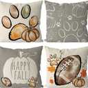 Fall Pillow Covers 18x18 Inch Set of 4 Football Dog Paws Throw Pillow Covers Pumpkins Autumn Harvest Pillowcase Farmhouse Home Decorations Sofa Bedroom Cushion Case