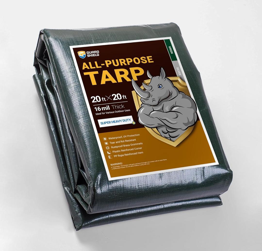 GUARD SHIELD Super Heavy Duty Green/Silver Poly Tarp Cover 20x20 Feet Waterproof 16mil Thick UV and Tear Resistant Tarpaulin with Grommets and Reinforced Edges